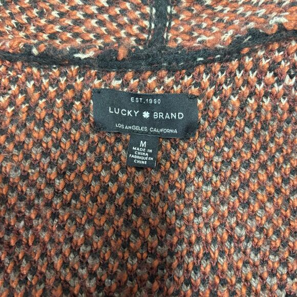 Lucky Brand Long Ikat‎ Cardigan Knit Sweater Black Maroon Wool Acrylic Medium - Picture 5 of 11